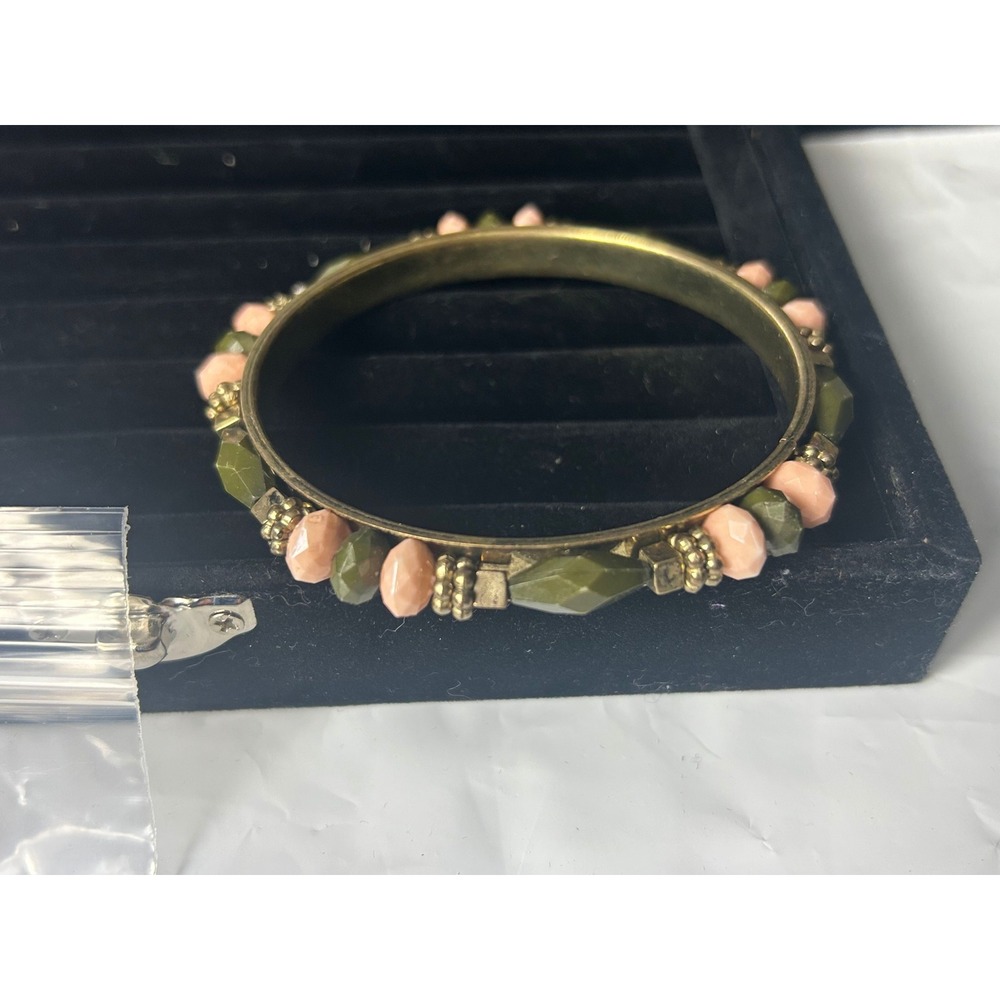 Boho Beaded Bangle Bracelet Green Pink Gold Tone Artisan Statement